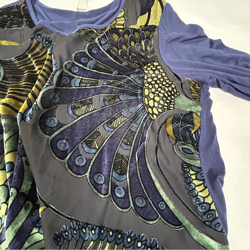 Chico's Size 2 (Large) Blue Multicolor Peacock Velour Burnout Side Tie Blouse - Picture 5 of 9